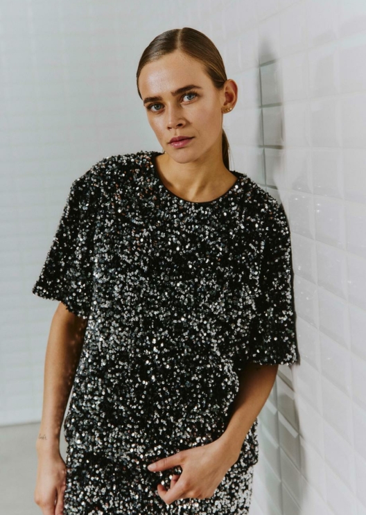 WBLIDUN 1/2 SLEEVE SEQUIN TOP